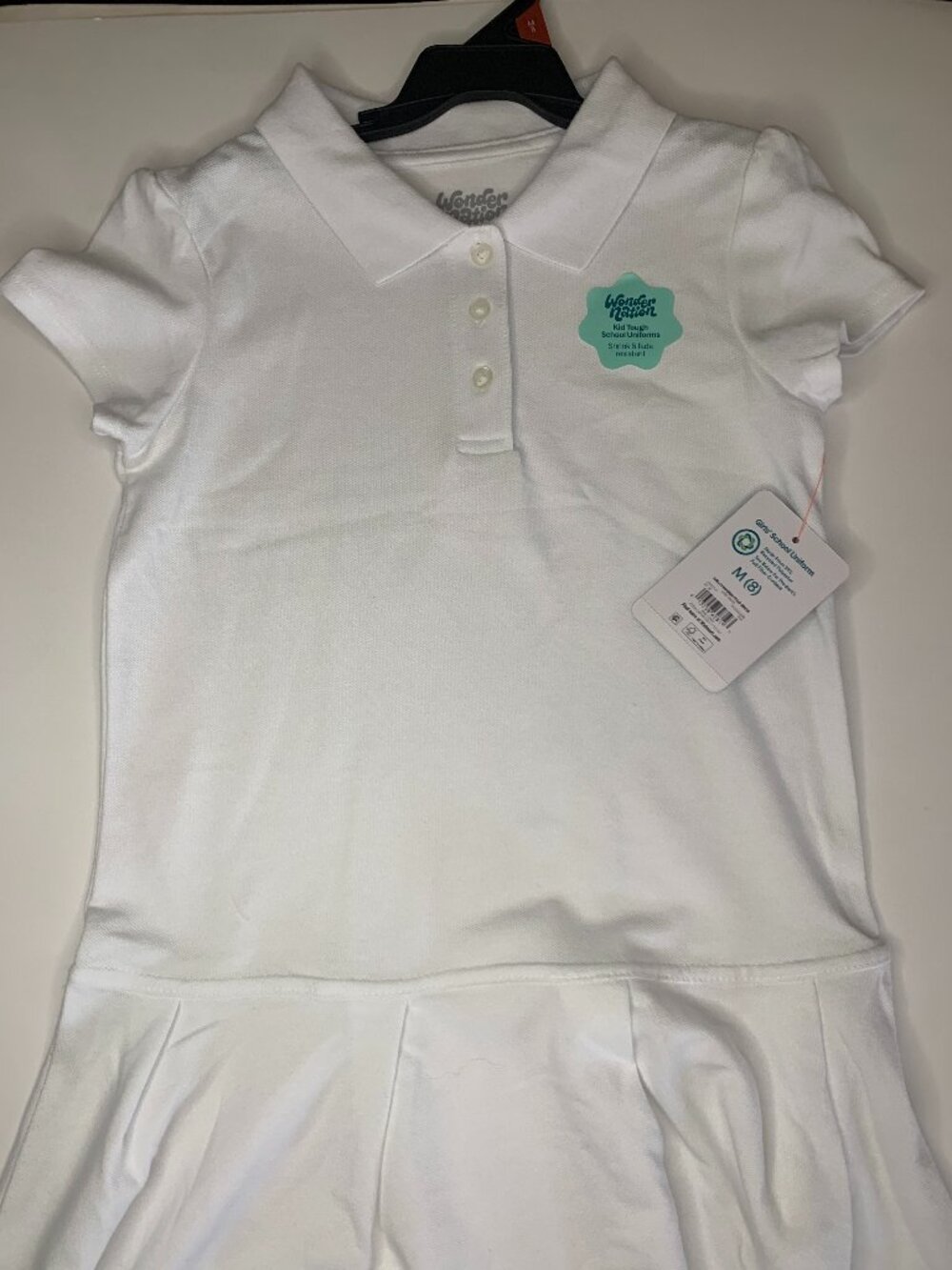 New Wonder Nation Girls School Uniform Short Sleeve Polo Dress, White, Medium(8)